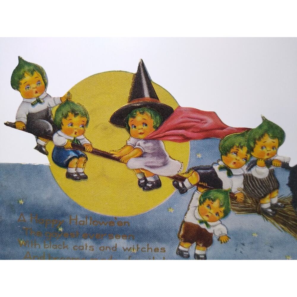 Halloween Postcard Whitney Die-cut Fantasy Green Haired Witch Children Foldout